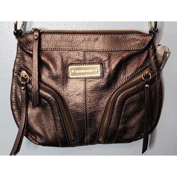 Franco Sarto Leather Crossbody Bag Bronze Metallic Gold Zippers Shoulder Bag NWT - Picture 1 of 11